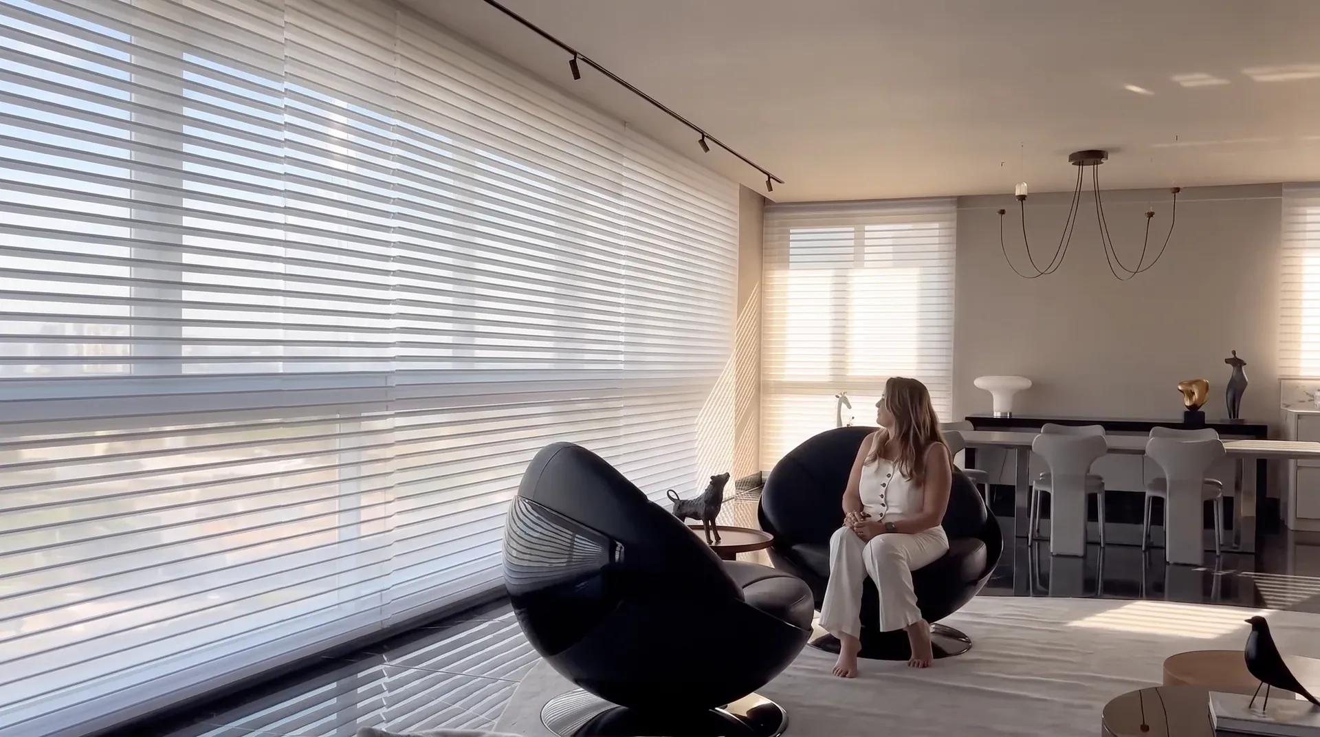 Sala com persianas e mobiliário contemporâneo