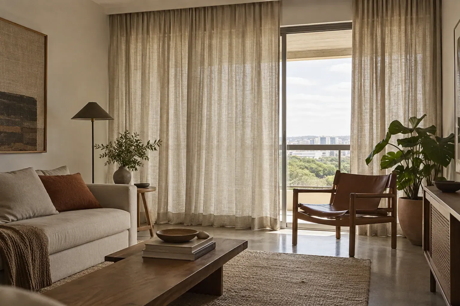 Sala com cortinas de textura aparente e tons naturais