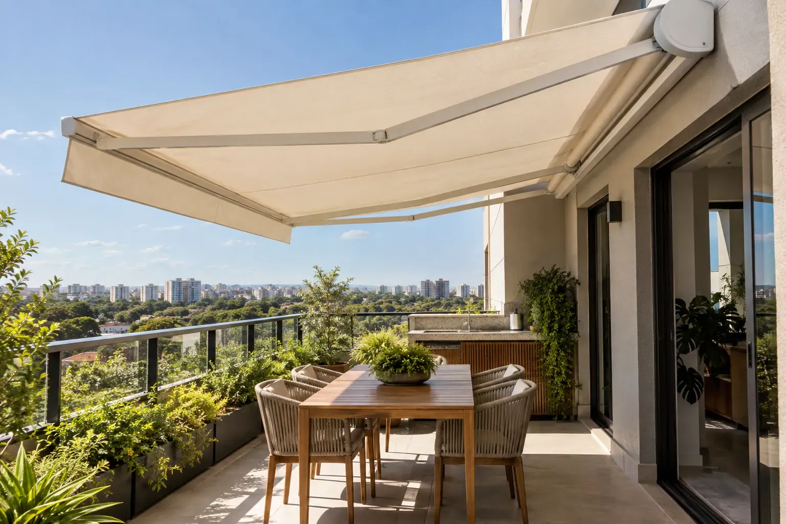 Toldo articulado aberto sobre uma varanda