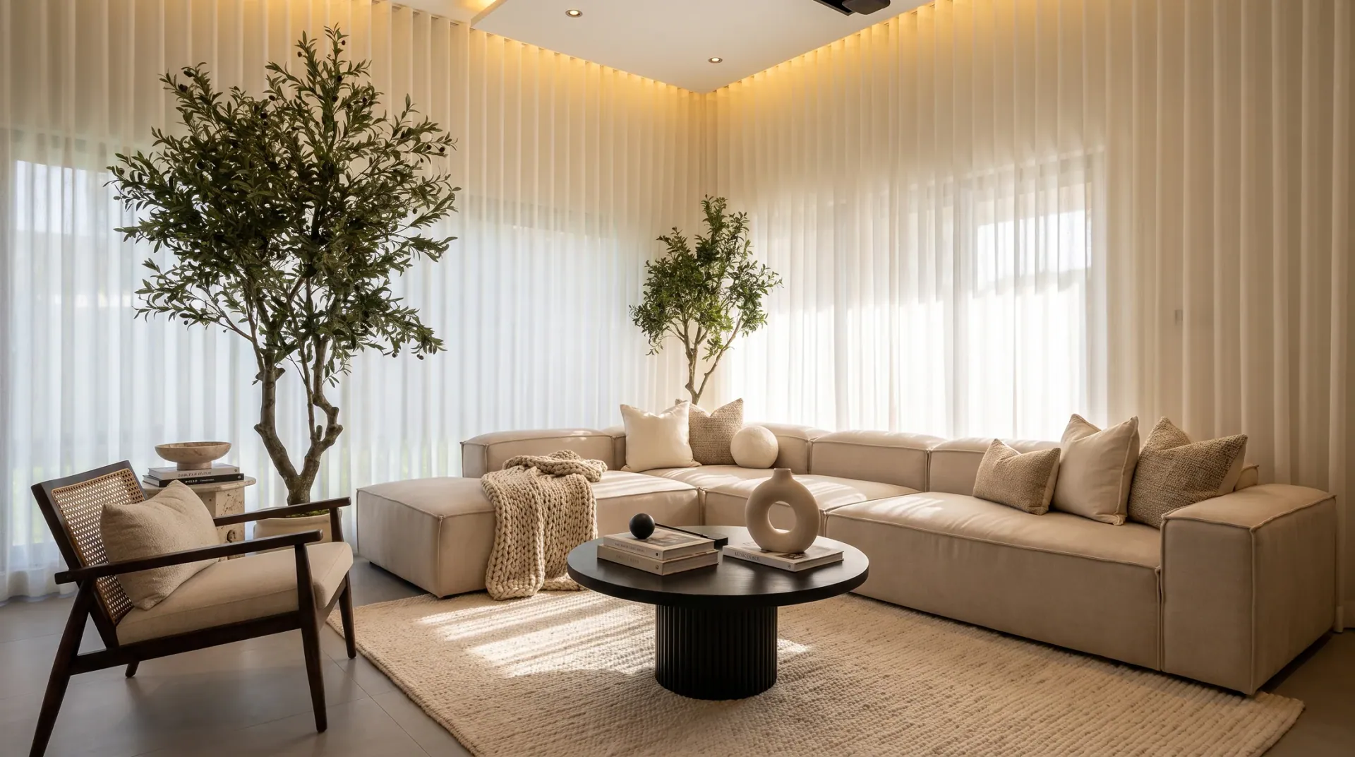 Sala com cortinas e iluminação indireta