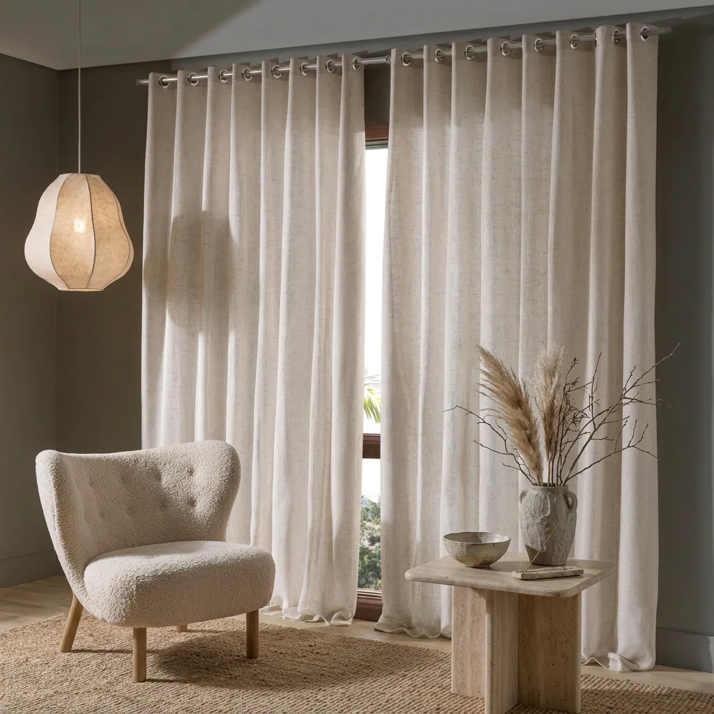 Cortinas de linho em sala com poltrona clara