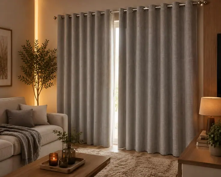 Ambiente com cortinas do teto ao piso e luz natural controlada