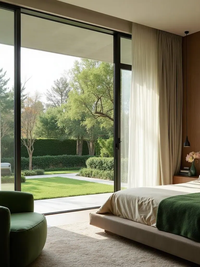 Cortinas em um quarto com vista para o jardim