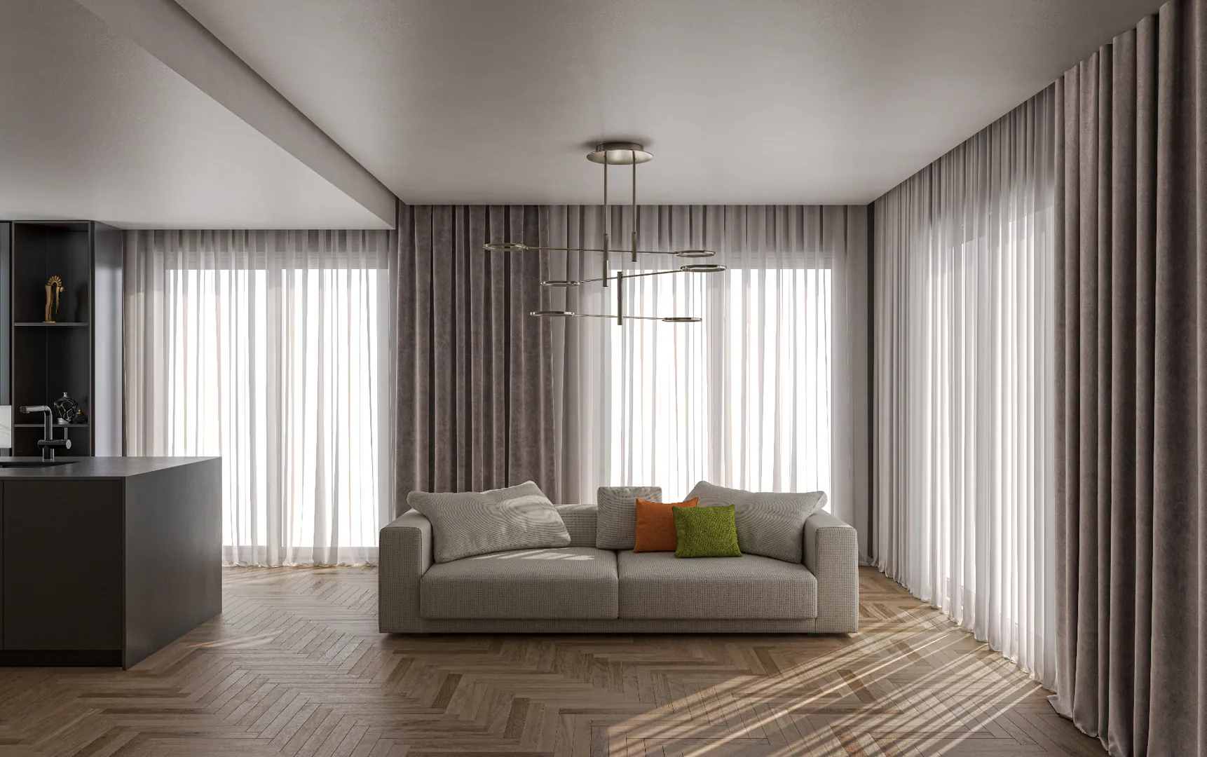 Cortinas com ondas em uma sala ampla