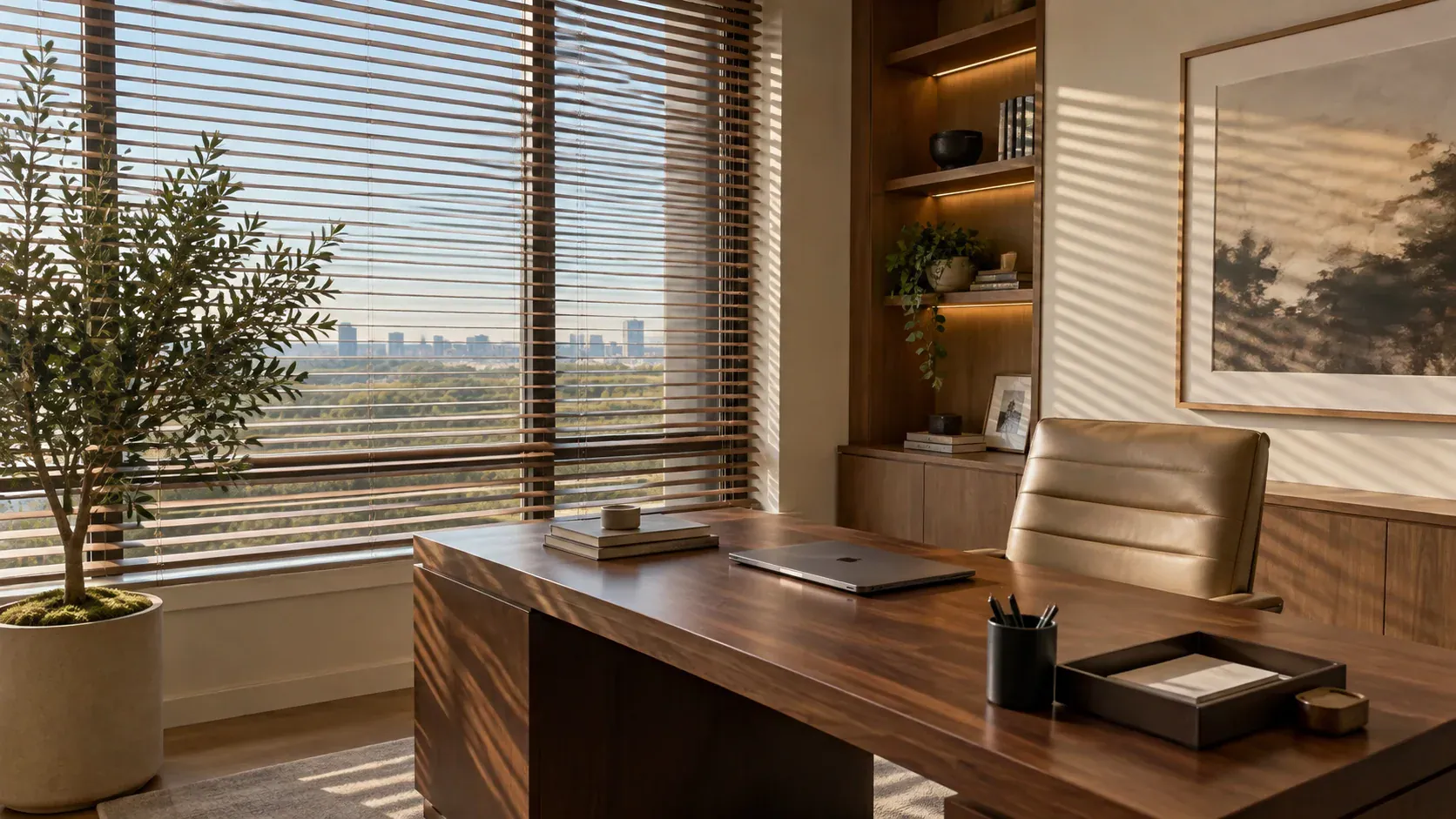 Escritório com mesa próxima à janela e persiana horizontal