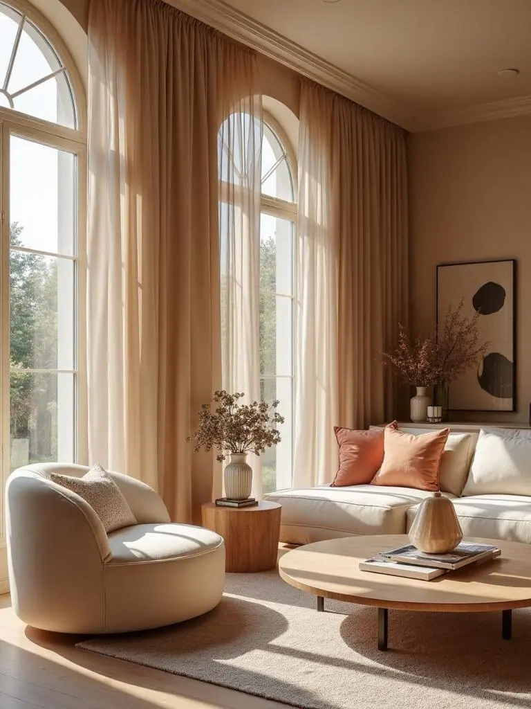 Cortinas em uma sala com janelas em arco