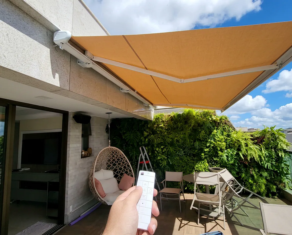 Toldo motorizado em terraço com controle remoto