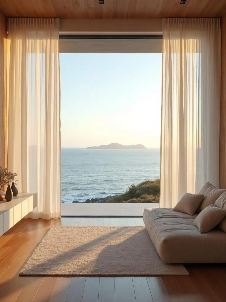 Cortinas leves em uma sala com abertura ampla