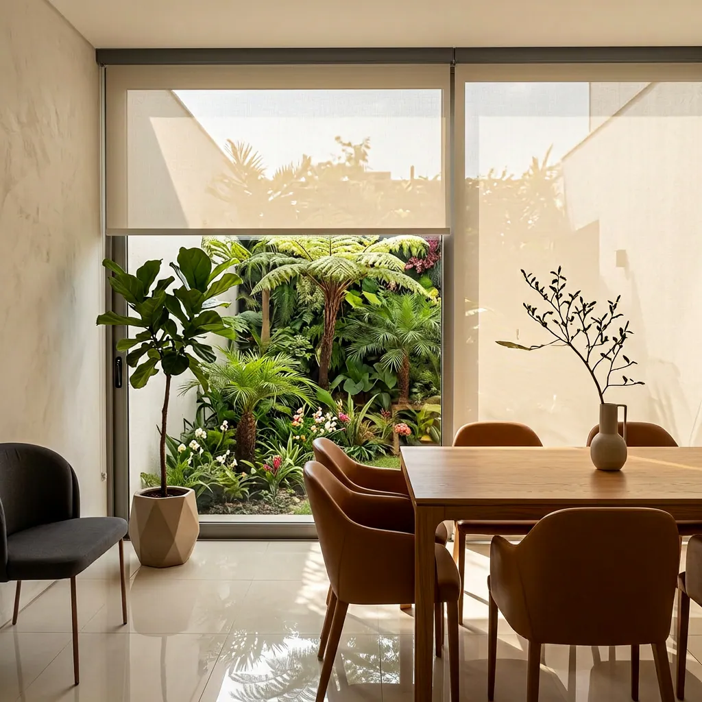 Persianas tela solar em sala de jantar com vista para jardim