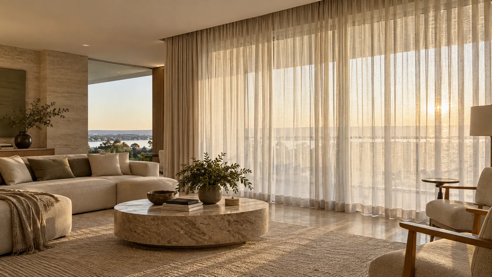 Cortinas claras em ambiente integrado com bancada de cozinha