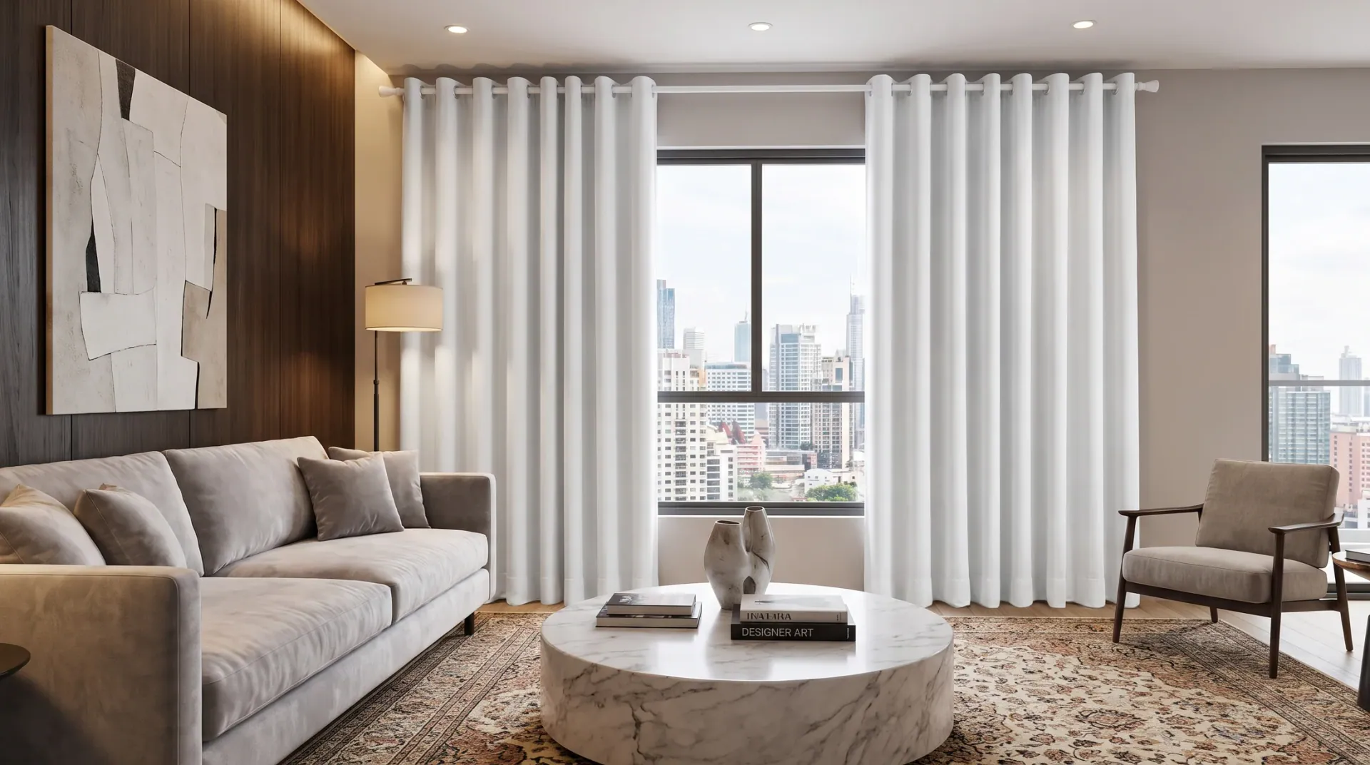 Cortinas brancas em sala com janela ampla